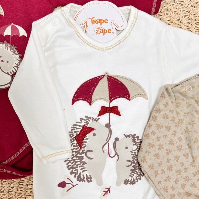 Kit 3 Peças - Bodys Manga Longa Porco Espinho com Guarda Chuva - Bordo, Areia e Off White